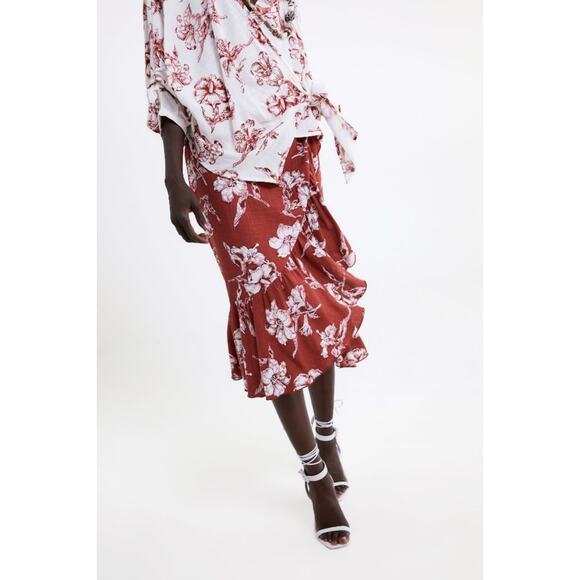 NWOT ZARA Skirt M Wrap Ruffle Midi Floral Linen Blend Button Waist Burgundy - Picture 1 of 13